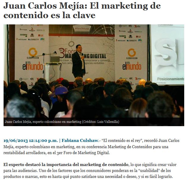 Artículo sobre ROI en el Marketing de Contenido en el portal El Mundo de Caracas