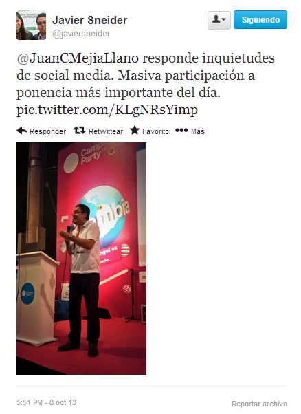 Tuit en conferencia de Juan Carlos Mejía Llano en Campus Party 5