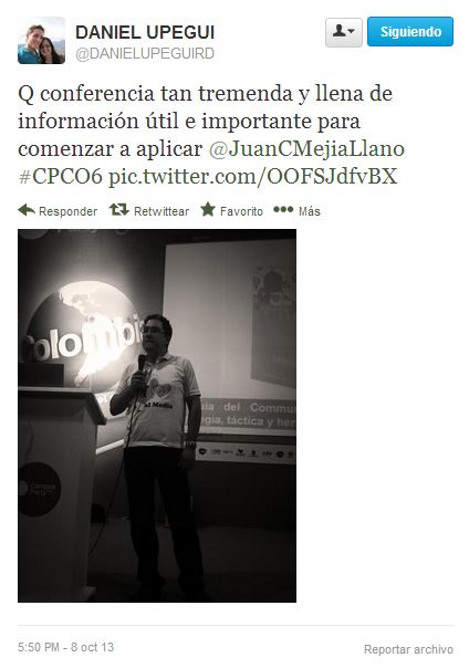 Tuit en conferencia de Juan Carlos Mejía Llano en Campus Party 9